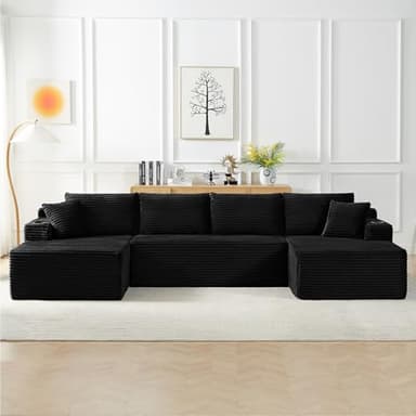134 Inch Cloud Sectional Couch for Living Room,Corduroy Boneless Couches with L-Shape Chaise,Modern Modular Sectional Sofa with Deep Seat,No Assembly Required (Black, U-Shaped Sofa) - Image 1