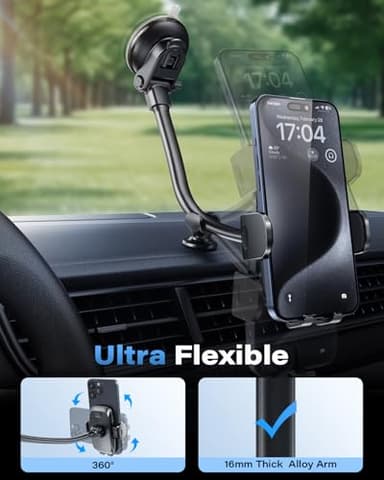 1Zero Solid Car Truck Phone Mount Holder with Thick Gooseneck Long Arm, Windshield Window Mobile Holders w/Industrial-Strength Suction Cup, Anti-Shake Stabilizer Compatible All Cell Phones, Black - Image 4