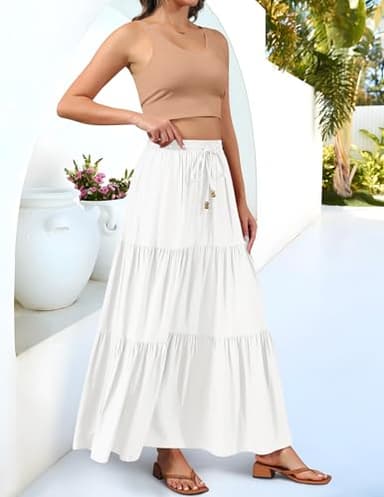 HAEOF Women's Summer Boho Elastic High Waist Maxi Skirt A-Line Flowy Swing Ruffle Tiered Long Beach Skirts with Pockets(White, S) - Image 2