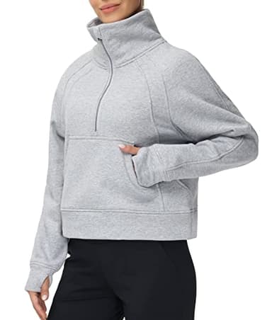 THE GYM PEOPLE Women's Half Zip Pullover Sweatshirt Fleece Stand Collar Crop Sweatshirt with Pockets Thumb Hole Grey - Image 2