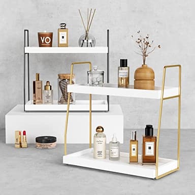 Forbena Bathroom Organizer Countertop, Counter Organizer for Bathroom Decor, Wooden Sink Shelf for Vanity Storage, Makeup Tray for Perfume Skincare Bedroom Kitchen Corner (2 Tier, White and Gold) - Image 6