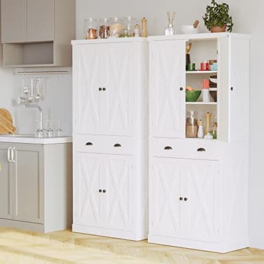 IRONCK Kitchen Pantry Storage Cabinet 72.6" H, with Barn Doors, Drawer, 4 Adjustable Shelves, Freestanding Cupboard, Laundry, White - Image 8