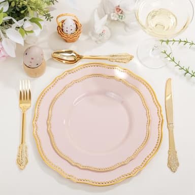 Hioasis 60pcs Pink Plastic Plates - Pink and Gold Disposable Dinnerware with Gold Rim, Heavy-duty, 10.25 inch, Dinner Plates for Party & Wedding - Image 2