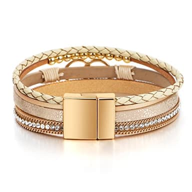 Leopard Bracelet for Women, Boho Leather Wrap Multi-Layer Pearl Crystal Bracelet Bangle Jewelry (Double Circle(Khaki)) - Image 3