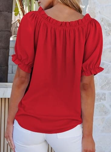 EVALESS Womens Tops Short Sleeve Shirts for Women Country Concert Outfits Summer Clothes Trendy 2025 Off The Shoulder Tops Dressy Casual Chiffon Blouses Loose Fit Spring Red Shirts, Medium - Image 4