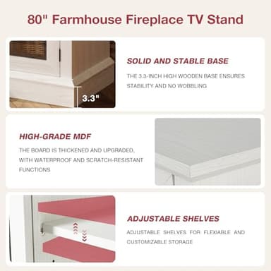 oneinmil Fireplace TV Stand with 3-Sided Glass, TV Cabinet for TVs up to 85", 80'' Modern Media Entertainment Center with Farmhouse Glass Door Storage Cabinets, for Living Room, White - Image 7