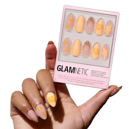 Glamnetic Press On Nails - Sunny Shores | Short Almond Orange Fake Nails with 3D Starfish, Reusable Summer Nails | 15 Sizes - 30 Nail Kit with Glue - Image 1