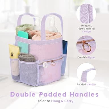 DV Lifestyle Mesh Shower Caddy Dorm, 7 Pockets & 1 with Zipper, Shower Tote with Padded Handles, Travel Portable, Shower Caddy College Room Essentials, Bathroom Shower Bag (Light Gray) - Image 4