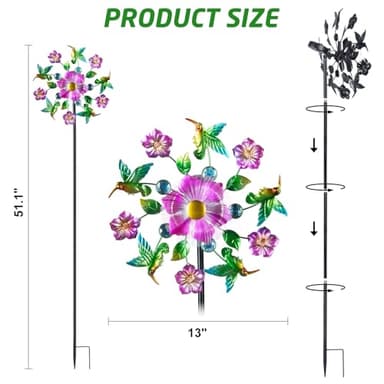 Hummingbird Solar Wind Spinners for Yard - 51" Metal Wind Sculptures Garden Stake with Color Changing LED Lights 360° Windmill Kinetic Spinner for Garden Lawn Patio Yard Decor - Image 2