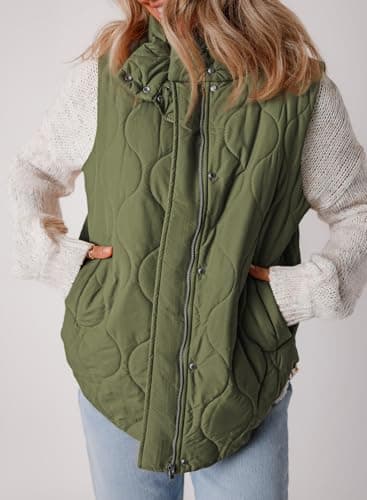 EVALESS Cute Cropped Puffer Vest Women Lightweight Quilted Stand Collar Sleeveless Jackets Fall Winter 2025 Button Zip Up Jacket Warm Coat Outerwear with Pockets Green Medium - Image 5