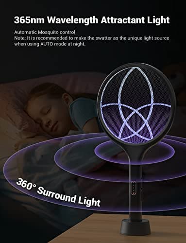 YISSVIC Electric Fly Swatter 4000V Bug Zapper Racket Dual Modes Mosquito Killer with Purple Mosquito Light Rechargeable for Indoor Home Office Backyard Patio Camping - Image 5