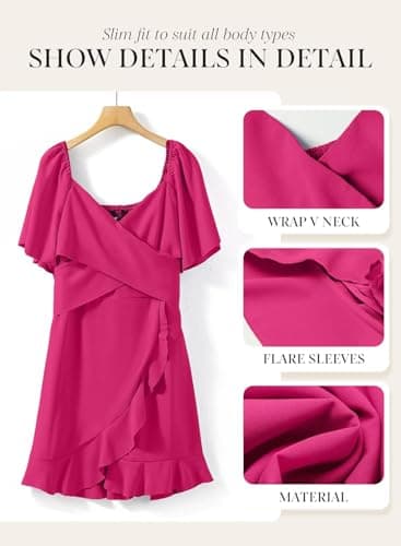 Dokotoo Womens Summer Wrap V Neck Short Flared Sleeve Smocked Elastic Waist Tiered Belted Ruffle Hem Mini Dress Graduation Dress Rose Red M - Image 5