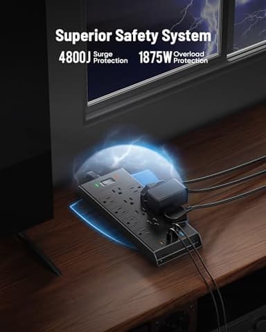 Surge Protector Power Strip 4800J, LeZone 10Ft Long Extension Cord Flat Plug, 12 Outlets 2 USB C 2 USB Ports, Wall Mountable, 20W Desk Charging Station, Black - Image 4