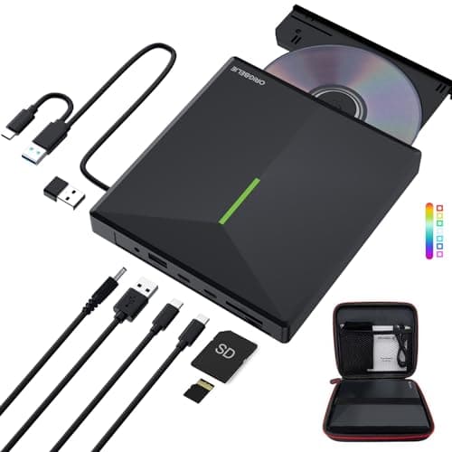 ORIGBELIE External CD DVD Drive with 4 USB Ports and 2 TF/SD Card Slots, USB 3.0 Portable CD/DVD Disk Drive Player Burner Reader Writer for Laptop Mac PC Windows 11/10/8/7 Linux OS with Carrying Case - Image 1