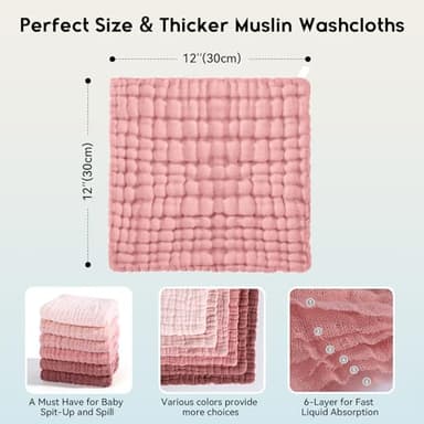 Unnivoll Muslin Baby Washcloths 6 Pack, 100% Cotton Wash Cloths for Babies, Large 12''X12'' Burp Cloths Absorbent and Soft for Newborn Infants Kids Boys Girls - Gradient Pink - Image 2