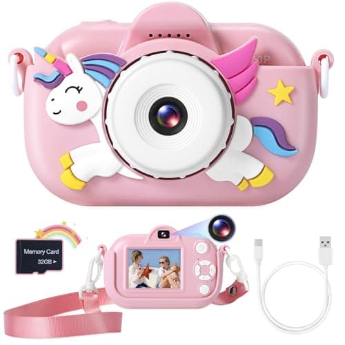 ZUODUN Kids Camera Toys for Girls Age 3-8, Kids Digital Camera Toddler Camera for 3 4 5 6 7 8 Years Old Birthday Gifts, 1080P Video Cameras with Cute Protective Cover & 32GB SD Card - Image 1