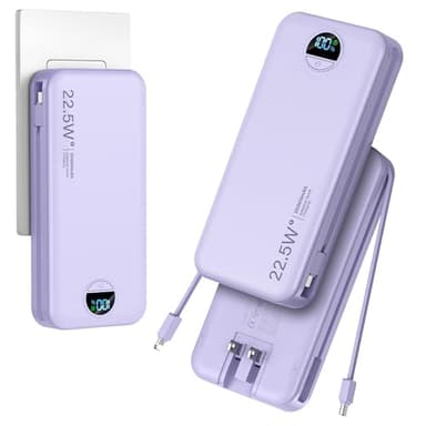 20000mAh Ultra-Portable-Charger-Power-Bank with Built in Cables&AC Wall Plug,PD20W USB-C Fast Charging Cell Phone Charger Battery Pack,LED Display Travel Battery Bank for All iPhone,Samsung,Android - Image 1