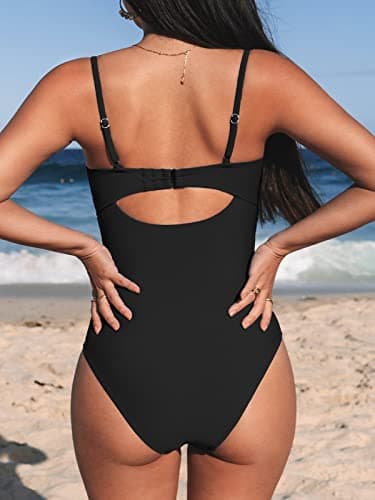 CUPSHE One Piece Swimsuit for Women Bathing Suits Twist Front Cutout Adjustable Straps Ruched Swimwear L, Black - Image 2