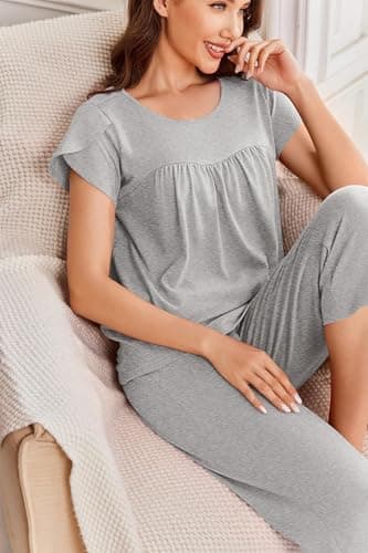 Ekouaer Capri Cotton Pajama Sets Short Sleeve Pleated Top and Pants 2 Piece Pjs Sleepwear with Pockets for Women Light Gray XL - Image 2