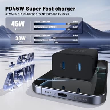 QZIIW Super Fast Samsung Charger Type C,45W Dual Port USB C Fast Charger Block [2-Pack] & Extra Long 60W 3/6/10/10FT USB C Cable - PD Quick Charging 3.0 For Samsung Galaxy S25 Ultra/S24+/S23 iPhone 16 - Image 3