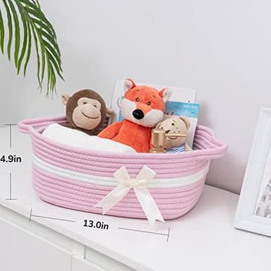 CHICVITA Pink Baby Girl Gift Basket, Small Woven Rope Basket, Rectangle Shelf Baskets for Bathroom, Cute Nursery Storage Baskets for Toys, Diapers, Towels, Snacks, 13 x 9.8 x 5 inches - Image 6