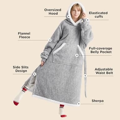Bedsure Wearable Blanket Hoodie, Long Hooded Blanket Sweatshirt as Christmas Birthday Gifts for Women, Cozy Sherpa Hoodie for Adult, Standard, Concrete Grey - Image 2