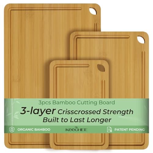 Keechee Wood Cutting Board for Kitchen - Reversible Bamboo Cutting Boards Gift Set of 3 with Juice Groove, Wooden Chopping Board for Meat, Fruit, Vegetables & Cheese (Pre Oiled, Natural) - Image 1