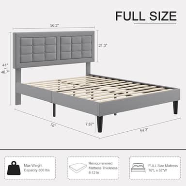 VECELO Full Size Bed Frame with Adjustable Headboard, Upholstered Button Tufted Platform Bedframe with Wood Slats Support, No Box Spring Needed, Light Grey - Image 2