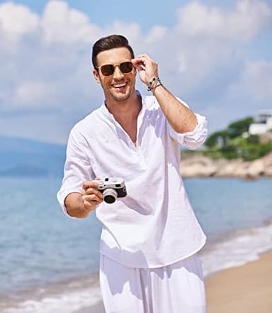 COOFANDY Men's Cotton Linen Henley T-Shirts Long Sleeve Hippie Casual Beach T-Shirts - Image 4