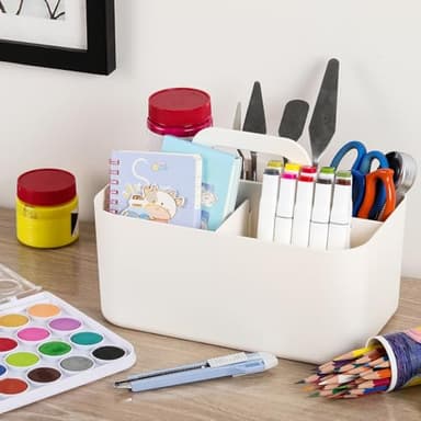 Multiuse Caddy Organizer with Handle - Stackable Plastic Tote Bin - Art Craft Supplies, Office, Desk, Stationery Pen Holder, Kitchen, Utensil, Makeup, Bathroom, Shower, Cleaning, Dorm Organizer -White - Image 5
