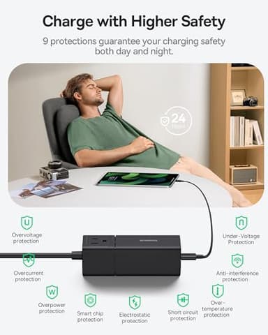 Baseus Charging Station 100W, 5 in 1 Travel Power Strip USB C Charger, with 5ft Detachable Extension Cord, Flat Plug, 2 Outlets AC Power for Cruise, Home, Dorm and Office - PowerCombo Mini - Image 7