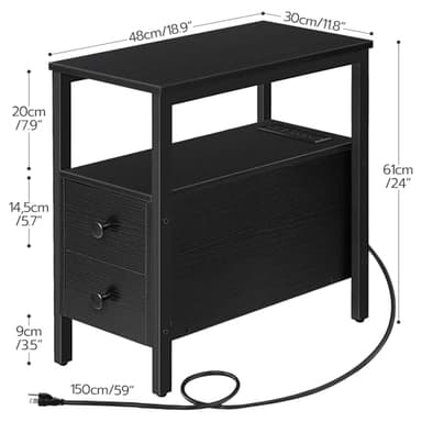 HOOBRO End Table with Charging Station, Narrow Side Table with 2 Drawer & USB Port & Power Outlets, Nightstand for Small Spaces, Stable and Sturdy, for Living Room, Bedroom, Black BK541BZ01 - Image 3