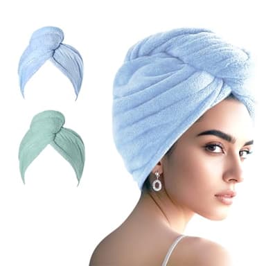 AGKXHDEC 2 Packs Single Layer Microfiber Hair Turbans - Drying Wrap for Women (Blue,Light Green) - Image 1