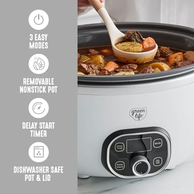 GreenLife 6QT Slow Cooker, Non-Toxic PFAS-Free Ceramic Nonstick Removable Interior Bowl, Programmable, Family Friendly, Keep Warm, Stovetop & Oven Safe, Dishwasher Safe Parts, Timer, Glass Lid, White - Image 3