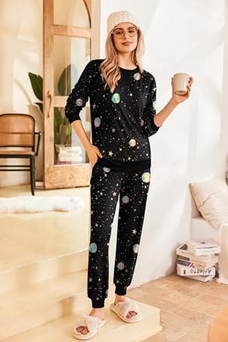 Ekouaer Pajamas Set Long Sleeve Joggers Pjs Fall 2 Piece Lounge Outfits Jogger Pajama for Women Set Black Night Sky XXL - Image 4
