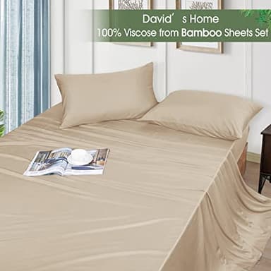 David's Home 100% Rayon Derived from Bamboo Cooling Sheets Set,Luxury Silky Soft Breathable for Hot Sleeper, 16" Deep Pocket Sheets with Pillowcase for Spring Summer,Twin,Khaki - Image 8
