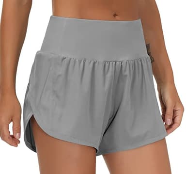 THE GYM PEOPLE Womens High Waisted Running Shorts Quick Dry Athletic Workout Shorts with Mesh Liner Zipper Pockets (Lavender Grey, Small) - Image 2