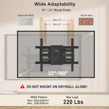 TV Wall Mount for 32"-100" up to 220 lbs, USX MOUNT Full Motion TV Mount with Swivel Tilt Dual Articulating Arms, Pre-Assembled Universal Wall Bracket, Max VESA 800x600mm, 12″-24″ Wood Studs - Image 3