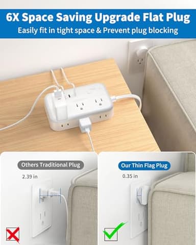 Surge Protector Power Strip with 6 Outlets 4 USB Ports(2USB C), Flat Extension Cord with Multiple Outlets, 1080 Joules, 5 ft Flat Plug Outlet Extender for Indoor, Office Supplies, Dorm Room Essentials - Image 5