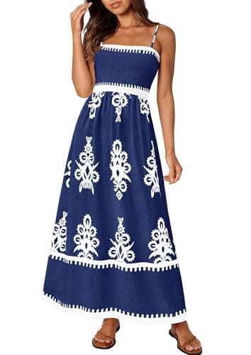 PRETTYGARDEN Summer Dress for Women 2025 Floral Sundress Spaghetti Strap Flowy Beach Vacation Boho Maxi Dresses (Dark Blue White Floral,Small) - Image 1