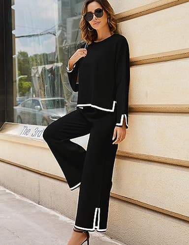 Tanming Women's 2 Piece Outfits Long Sleeve Knit Sweater Top Wide Leg Pants Lounge Sets Tracksuits (Black-M) - Image 5