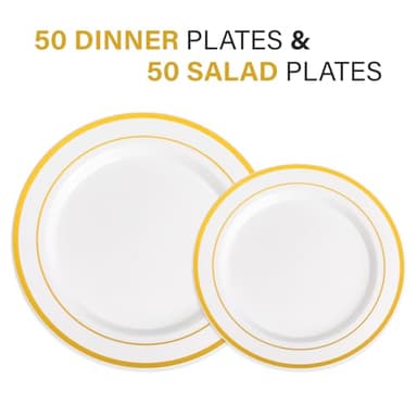 AOZITA 100 Pcs Gold Plastic Plates for Party, Disposable Heavy Duty Plastic Plates - 50 Dinner Plates and 50 Salad Plates for Party Wedding - Image 2