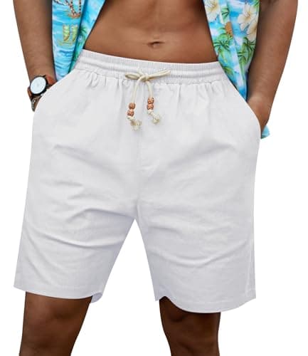 NITAGUT Mens Linen Shorts Casual Elastic Waist Drawstring Summer Beach Shorts with Pockets,White, X-Large - Image 1
