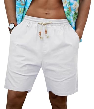 NITAGUT Mens Linen Shorts Casual Elastic Waist Drawstring Summer Beach Shorts with Pockets,White, X-Large - Image 1