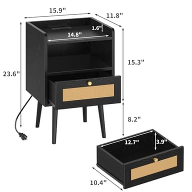 Night stand Set of 2, Bedside Tables with Charging Station, Rattan End Tables, Bed Side Tables, Wood Nightstands set of 2 for Farmhouse Kids' Room Bedroom Living Room Dorm Sofa Office Corner(Black) - Image 3