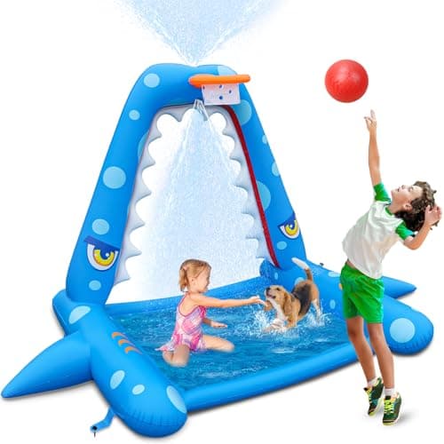 JOSEN Sprinkler for Kids Outdoor Play, Giant Inflatable Shark Water Toys Splash Pad with Basketball Hoop, Fun Sprinkler Summer Outdoor Game for 3-8 Years Old Children Boys Girls Gift - Image 1
