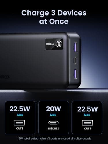 UGREEN Power Bank, 20000mAh 22.5W Portable Charger USB C Input&Output PD 3.0 Fast Charging Battery Pack with Digital Display for iPhone 16/15/14/13, Galaxy S24/S23, Pixel 8, ipad, LG, etc Black - Image 3