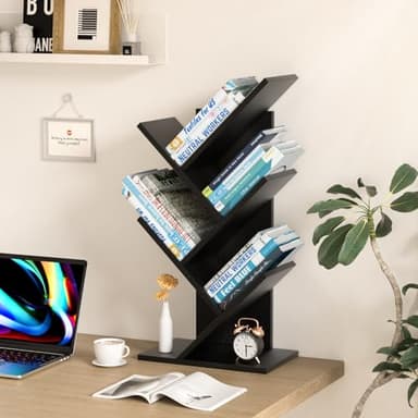 SHEEPAM 5 Tier Tree Book Shelf, Small Desktop Bookshelf with Storage Organizer, Wood Bookcase, Desk Display Bookshelves, Floor Standing Organizer Bookcases for Living Room,Bedroom,Office-Black - Image 2