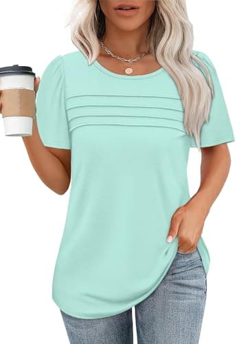 Summer Tops for Women 2025 Cute Short Sleeve Shirts Dressy Casual Blouses Flowy Loose Fitting Peplum Tunic T Shirts Beach Vacation Essentials Aqua 4XL - Image 2