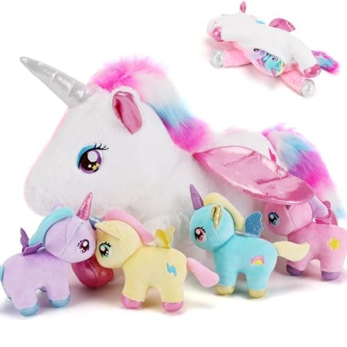 gnomantic 5 Pieces Unicorn Stuffed Animals - 1 Mommy Stuffed Unicorn with 4 Babies - Unicorns Gifts for Girls Ages 3 4 5 6 7 8, Unicorns Plush Toys for Christmas, Valentine's, Birthday Gifts (Pink) - Image 1